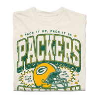 A folded heavyweight ivory t-shirt with yellow and gold print that reads "Pack it up, pack it in. Title Town USA. Go Pack go. Green Bay Packers est. 1919. Lambeau Field." A  Green Bay Packers helmet is in the center and the design is laid out like a vintage college shirt.