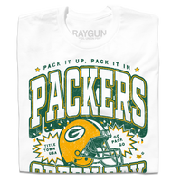 A folded white t-shirt with yellow and gold print that reads "Pack it up, pack it in. Title Town USA. Go Pack go. Green Bay Packers est. 1919. Lambeau Field." A  Green Bay Packers helmet is in the center and the design is laid out like a vintage college shirt.