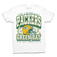 Short-sleeve white t-shirt with yellow and gold print that reads "Pack it up, pack it in. Title Town USA. Go Pack go. Green Bay Packers est. 1919. Lambeau Field." A  Green Bay Packers helmet is in the center and the design is laid out like a vintage college shirt.