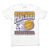 White t-shirt with purple & gold ink depicting the University of Northern Iowa's panther mascot beside a giant basketball going through a net. Text reads "University of Northern Iowa Panthers Basketball. Cedar Falls, McLeod Center."