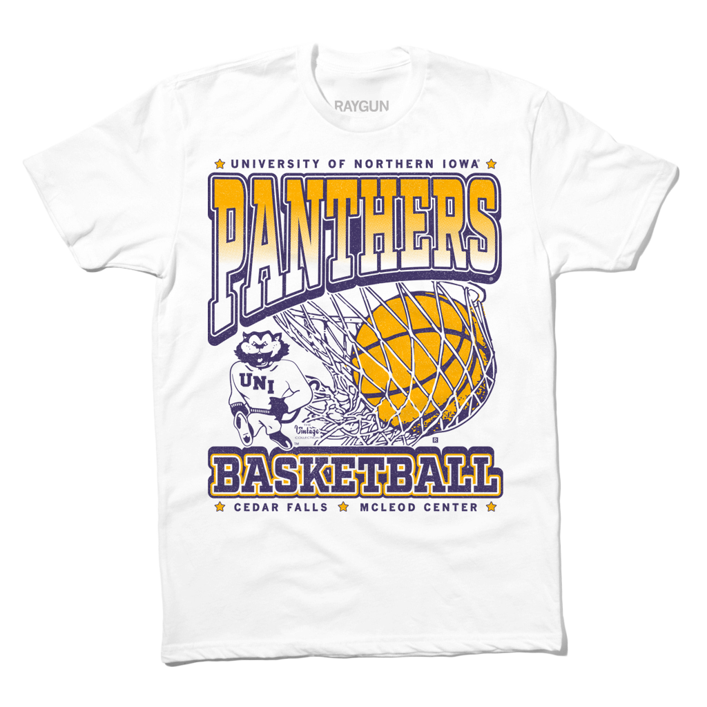 White t-shirt with purple & gold ink depicting the University of Northern Iowa's panther mascot beside a giant basketball going through a net. Text reads "University of Northern Iowa Panthers Basketball. Cedar Falls, McLeod Center."