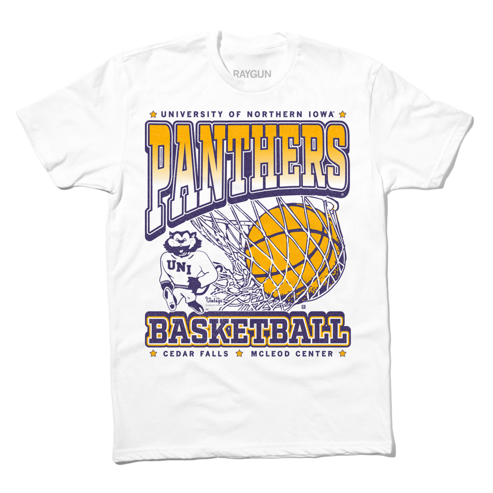 White t-shirt with purple & gold ink depicting the University of Northern Iowa's panther mascot beside a giant basketball going through a net. Text reads "University of Northern Iowa Panthers Basketball. Cedar Falls, McLeod Center."