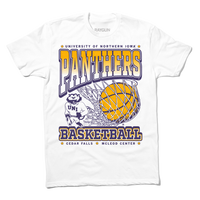 White t-shirt with purple & gold ink depicting the University of Northern Iowa's panther mascot beside a giant basketball going through a net. Text reads "University of Northern Iowa Panthers Basketball. Cedar Falls, McLeod Center."