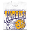A folded white t-shirt with purple & gold ink depicting the University of Northern Iowa's panther mascot beside a giant basketball going through a net. Text reads "University of Northern Iowa Panthers Basketball. Cedar Falls, McLeod Center."