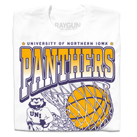 A folded white t-shirt with purple & gold ink depicting the University of Northern Iowa's panther mascot beside a giant basketball going through a net. Text reads "University of Northern Iowa Panthers Basketball. Cedar Falls, McLeod Center."