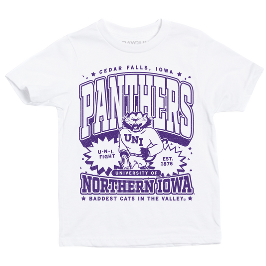 White t-shirt with a purple Panther graphic representing the Cedar Falls university, featuring the text PANTHERS, U-N-I FIGHT, EST. 1876, and BADDEST CATS IN THE VALLEY.