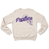 Beige Heather Dust crewneck sweatshirt featuring a purple University of Northern Iowa Panthers logo and mascot on the chest.
