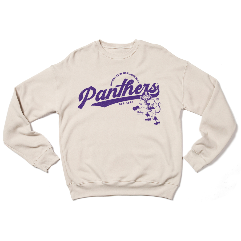 Beige Heather Dust crewneck sweatshirt featuring a purple University of Northern Iowa Panthers logo and mascot on the chest.