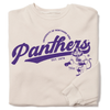 Heather Dust crewneck sweatshirt featuring University of Northern Iowa Panthers branding and a cartoon mascot in purple print.