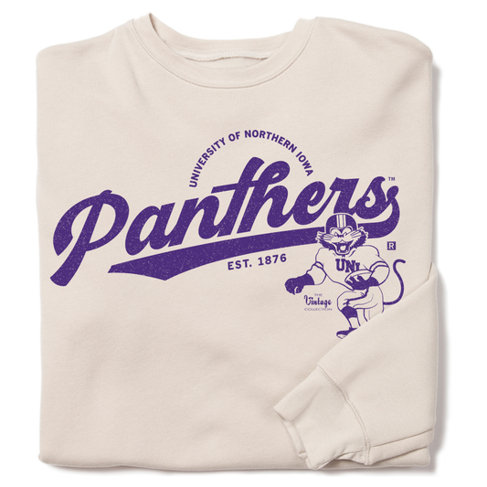 Heather Dust crewneck sweatshirt featuring University of Northern Iowa Panthers branding and a cartoon mascot in purple print.