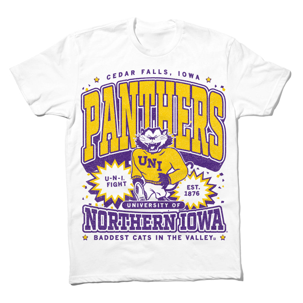 White officially licensed UNI Panthers t-shirt featuring Cedar Falls, Iowa, branding, the school name, and graphic text including U-N-I Fight and Baddest Cats in the Valley.