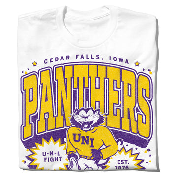 White t-shirt with a purple and yellow officially licensed graphic of a cartoon panther wearing a UNI sweater, with text reading Cedar Falls, Iowa, Panthers, U-N-I Fight, and Est. 1876.