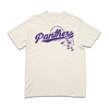 Heavyweight ivory crewneck t-shirt featuring the purple University of Northern Iowa Panthers logo and a mascot graphic.