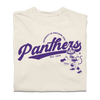 Heavyweight ivory t-shirt with a purple University of Northern Iowa Panthers graphic, featuring a panther mascot running with a football.