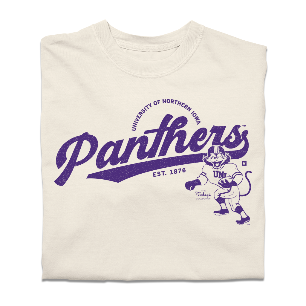 Heavyweight ivory t-shirt with a purple University of Northern Iowa Panthers graphic, featuring a panther mascot running with a football.