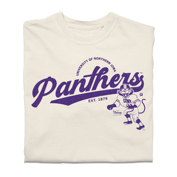Heavyweight ivory t-shirt with a purple University of Northern Iowa Panthers graphic, featuring a panther mascot running with a football.