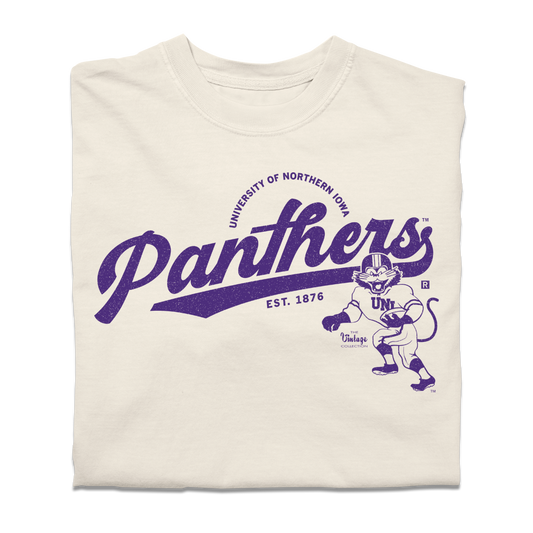 Heavyweight ivory t-shirt with a purple University of Northern Iowa Panthers graphic, featuring a panther mascot running with a football.