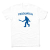 Union-made white t-shirt featuring a blue graphic of a Sasquatch wearing a baseball cap and holding a bat, with the text PASQUATCH arched above it.