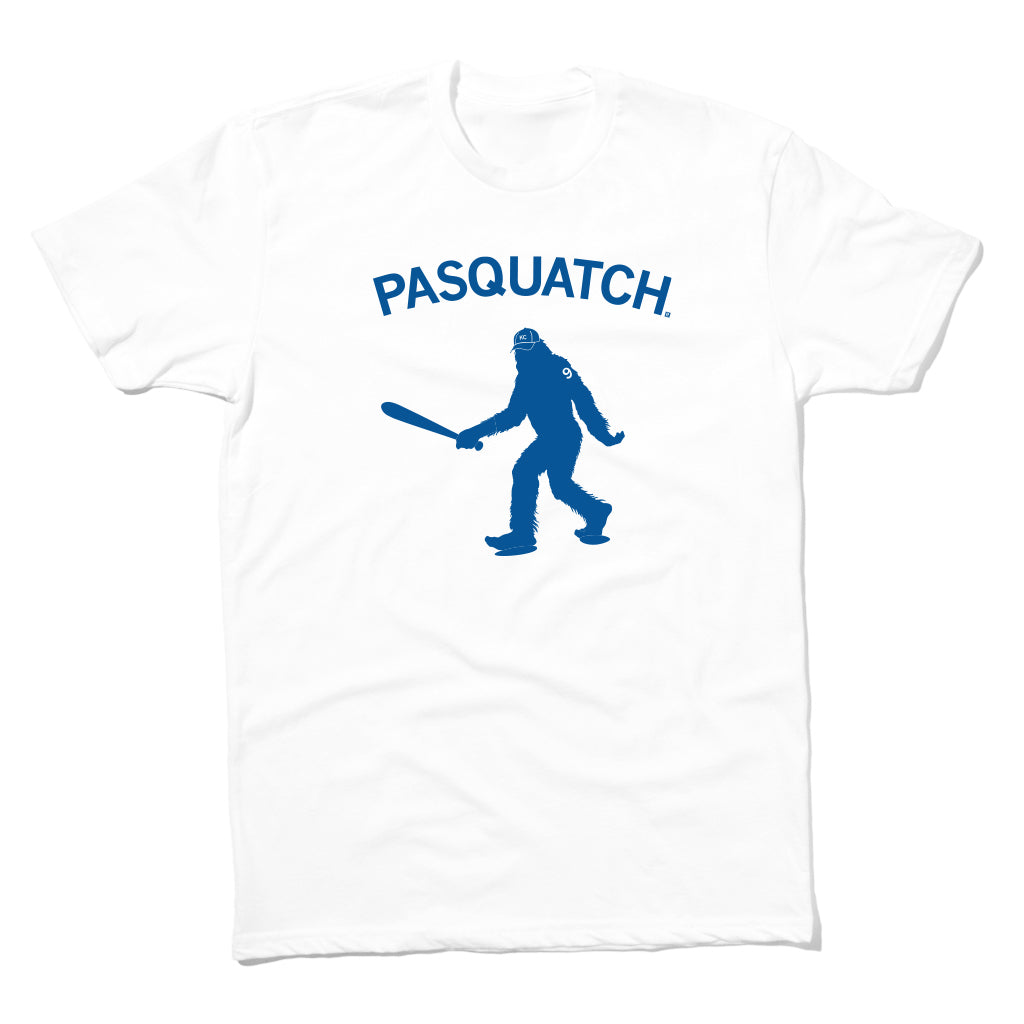 Union-made white t-shirt featuring a blue graphic of a Sasquatch wearing a baseball cap and holding a bat, with the text PASQUATCH arched above it.