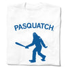 Union made white t-shirt featuring a blue Pasquatch graphic of a Sasquatch wearing a baseball cap and holding a bat.