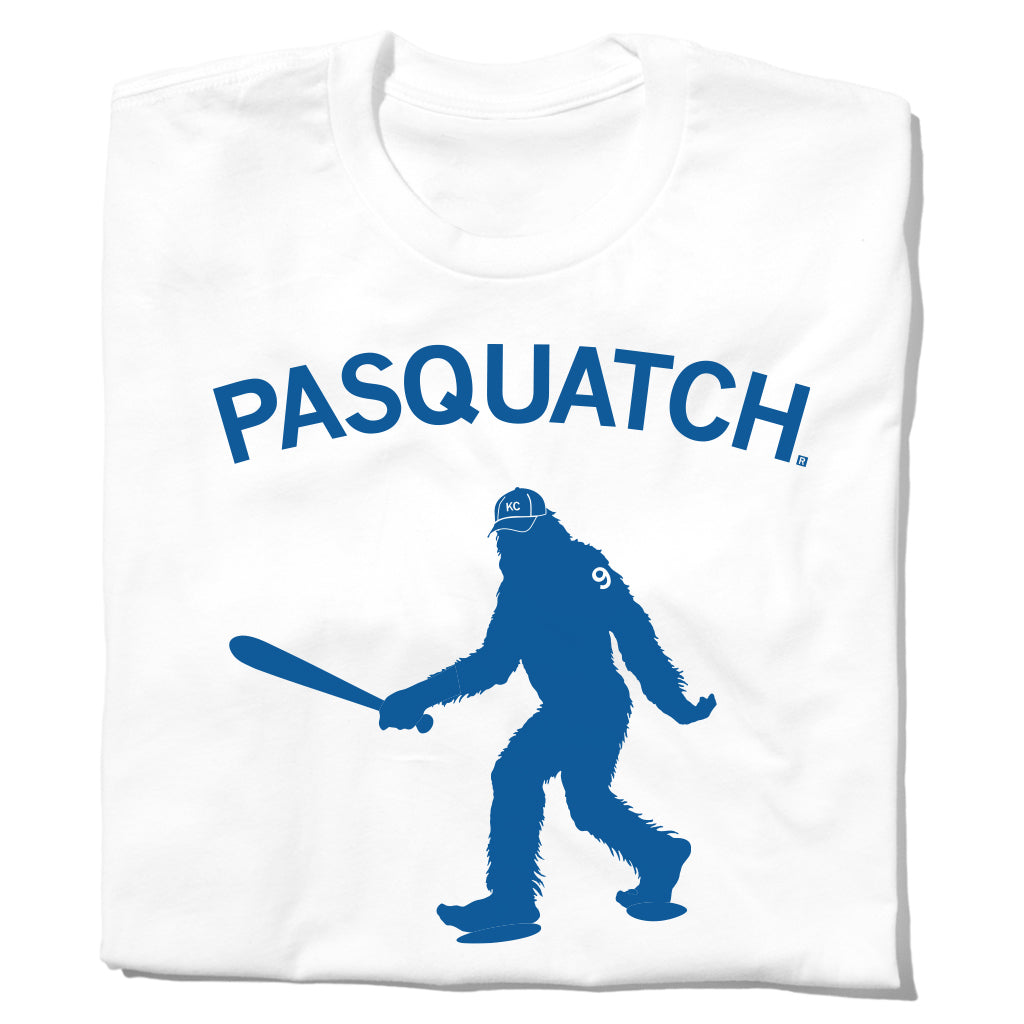 Union made white t-shirt featuring a blue Pasquatch graphic of a Sasquatch wearing a baseball cap and holding a bat.