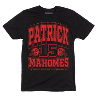 Black shirt with bright red ink that reads "Saint Patrick of Kansas City. Patrick Mahomes #15. There's No Place Like Mahomes" over an illustration of a football field with a football helmet to either side.