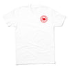 White RAYGUN t-shirt with a red circular logo on the left chest featuring the outline of Iowa and the text Patton, Cedar Falls, Iowa.