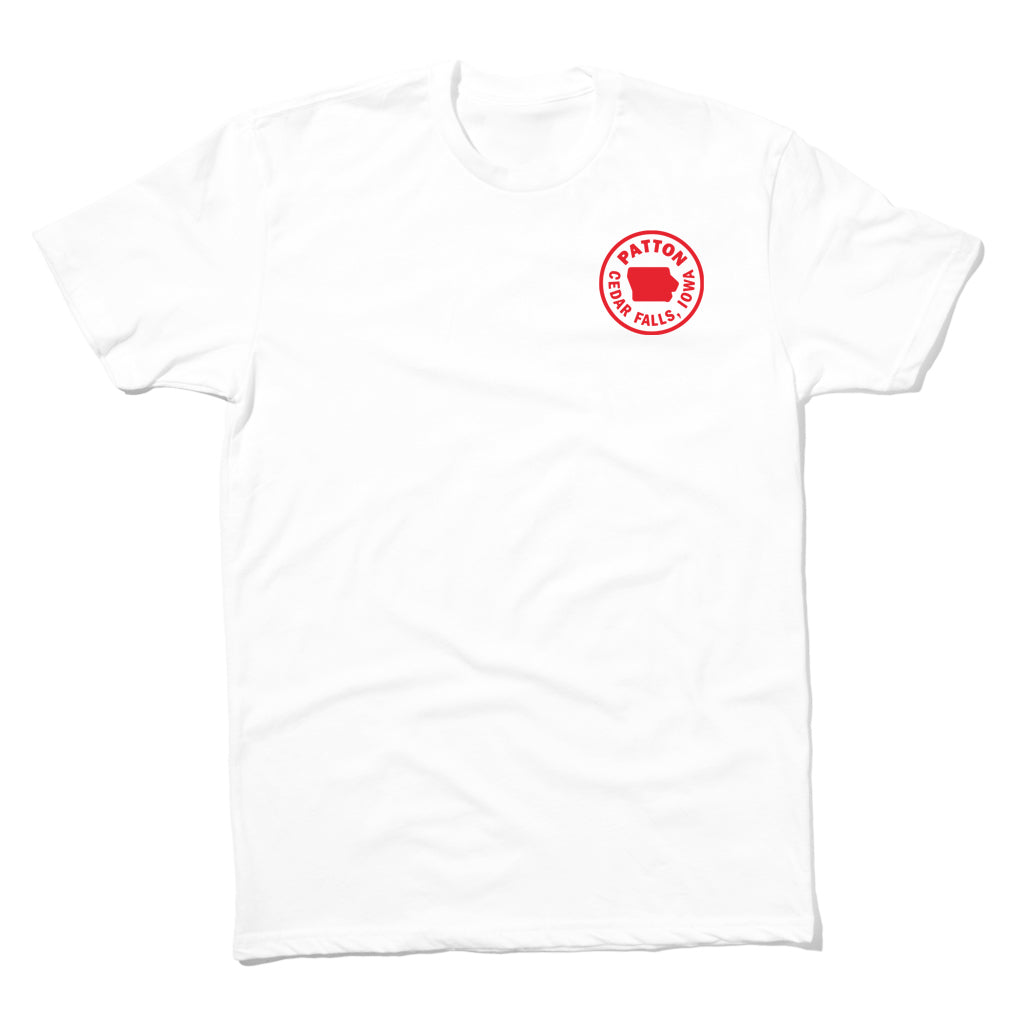 White RAYGUN t-shirt with a red circular logo on the left chest featuring the outline of Iowa and the text Patton, Cedar Falls, Iowa.