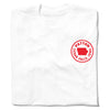 White RAYGUN t-shirt with a red circular logo on the left chest featuring an outline of Iowa and the text Patton Cedar Falls.
