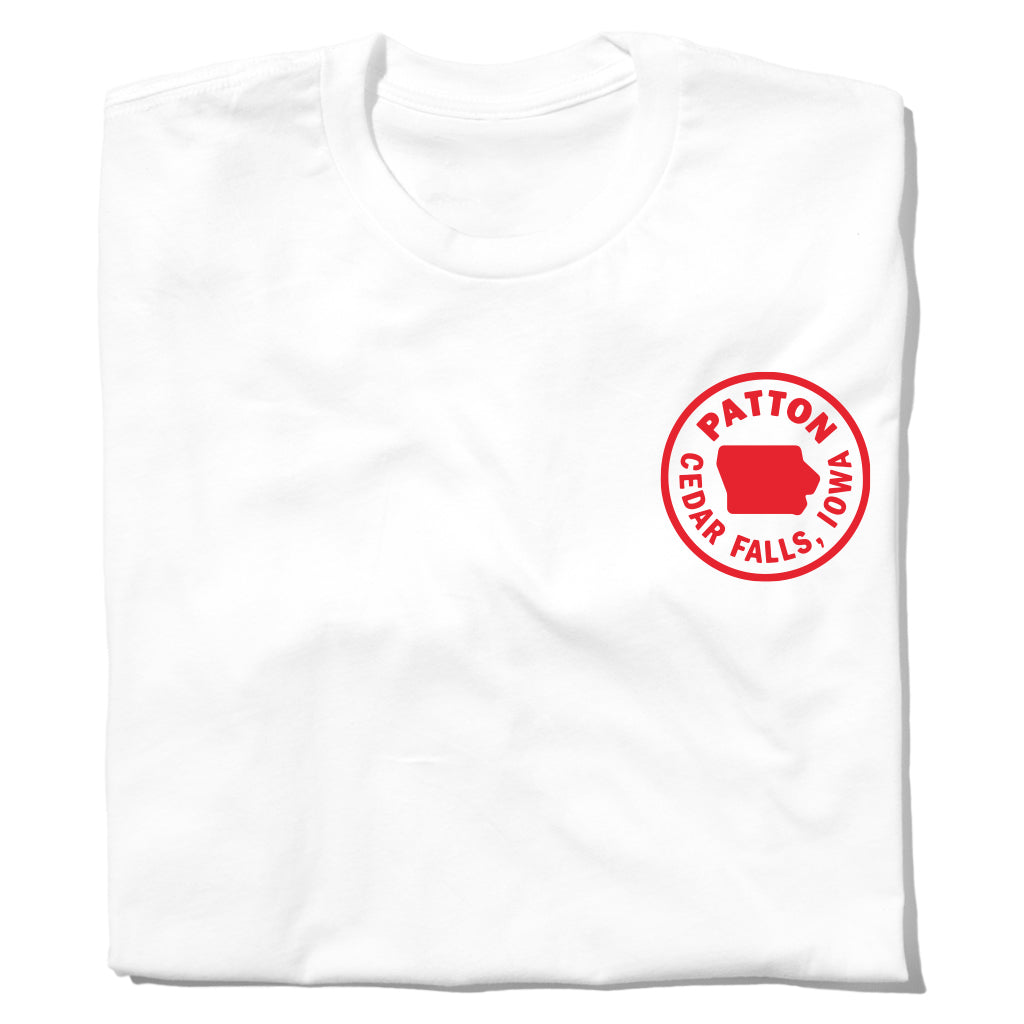 White RAYGUN t-shirt with a red circular logo on the left chest featuring an outline of Iowa and the text Patton Cedar Falls.