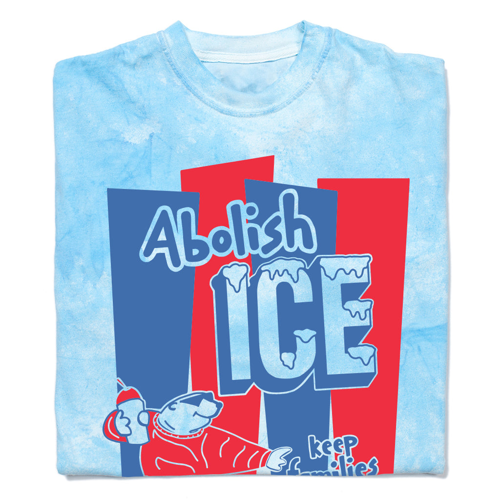 A folded Blue Colorblast T-shirt with royal blue and red ink hat reads "Abolish ICE. keep families together" with a polar bear holding a slushie.