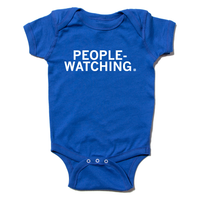 Royal blue baby onesie with white print text that says, "PEOPLE-WATCHING."