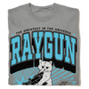 Gray RAYGUN heavyweight t-shirt featuring a cartoon cat holding a raygun with the text The Greatest in the Universe and Youve Cat To.