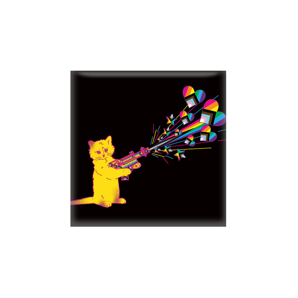 A square black magnet with a yellow cat holding a RAYGUN made of pride flags shooting star and heart shaped pride flags from it.