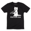 Short sleeve black t-shirt with a white ink illustration of RAYGUN's cat mascot "Gary" holding a RAYGUN. Text below says "PEW PEW PEW"