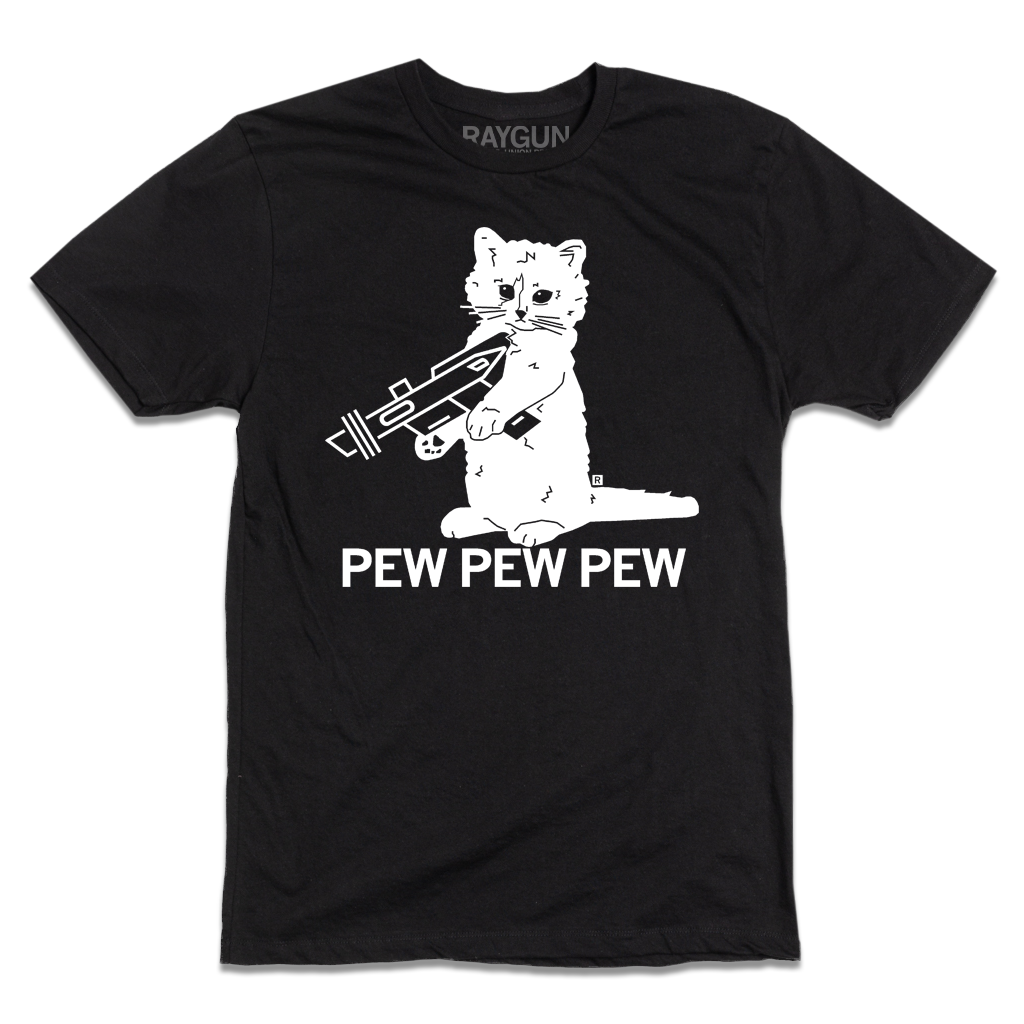 Short sleeve black t-shirt with a white ink illustration of RAYGUN's cat mascot "Gary" holding a RAYGUN. Text below says "PEW PEW PEW"