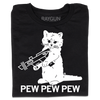 A folded black t-shirt with a white ink illustration of RAYGUN's cat mascot "Gary" holding a RAYGUN. Text below says "PEW PEW PEW"