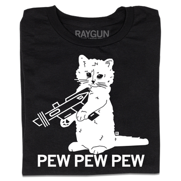 A folded black t-shirt with a white ink illustration of RAYGUN's cat mascot "Gary" holding a RAYGUN. Text below says "PEW PEW PEW"