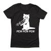 Black union-made t-shirt featuring a white line drawing of a cat holding a ray gun, with the text PEW PEW PEW printed below.