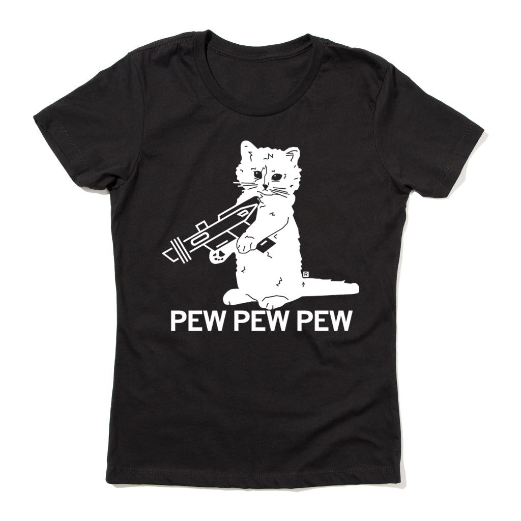 Black union-made t-shirt featuring a white line drawing of a cat holding a ray gun, with the text PEW PEW PEW printed below.