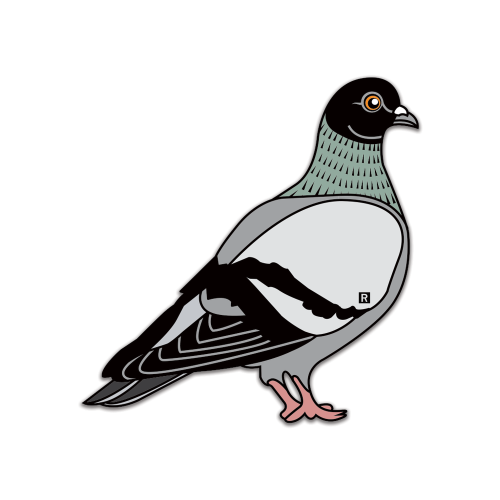 A die-cut sticker of an illustrated pigeon facing the right with a small R on the wing for "RAYGUN"