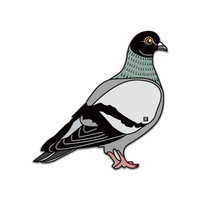 A die-cut sticker of an illustrated pigeon facing the right with a small R on the wing for "RAYGUN"