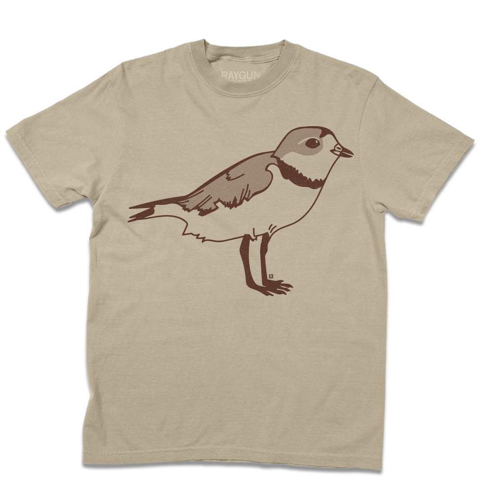 Khaki short-sleeve t-shirt with a brown ink image of a plover from its side.