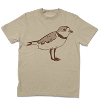 Khaki short-sleeve t-shirt with a brown ink image of a plover from its side.