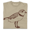 A folded khaki crewneck t-shirt with a brown ink illustration of a plover.