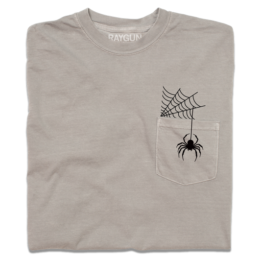Gray heavyweight pocket tee featuring a black spider hanging from a web.