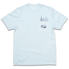 A light blue pocket t-shirt with navy ink. An illustration of the Chicago skyline is printed above the pocket with the Cloud Gate statue printed on the pocket.