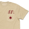 Zoom in view of a beige pocket tee with dark red print of two hotdogs above the pocket and a Chicago flag star on the pocket.