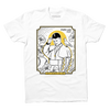Short sleeve white t-shirt with gold and black ink depicting Pope Leo wearing a White Sox hat with a pigeon on his shoulder. He's surrounding by Chicago style hotdogs, baseballs, and flowers. Black text in the top right corner says, "POPE LEO XIV" and at the bottom reads "GOD'S FAVORITE SOX FAN."