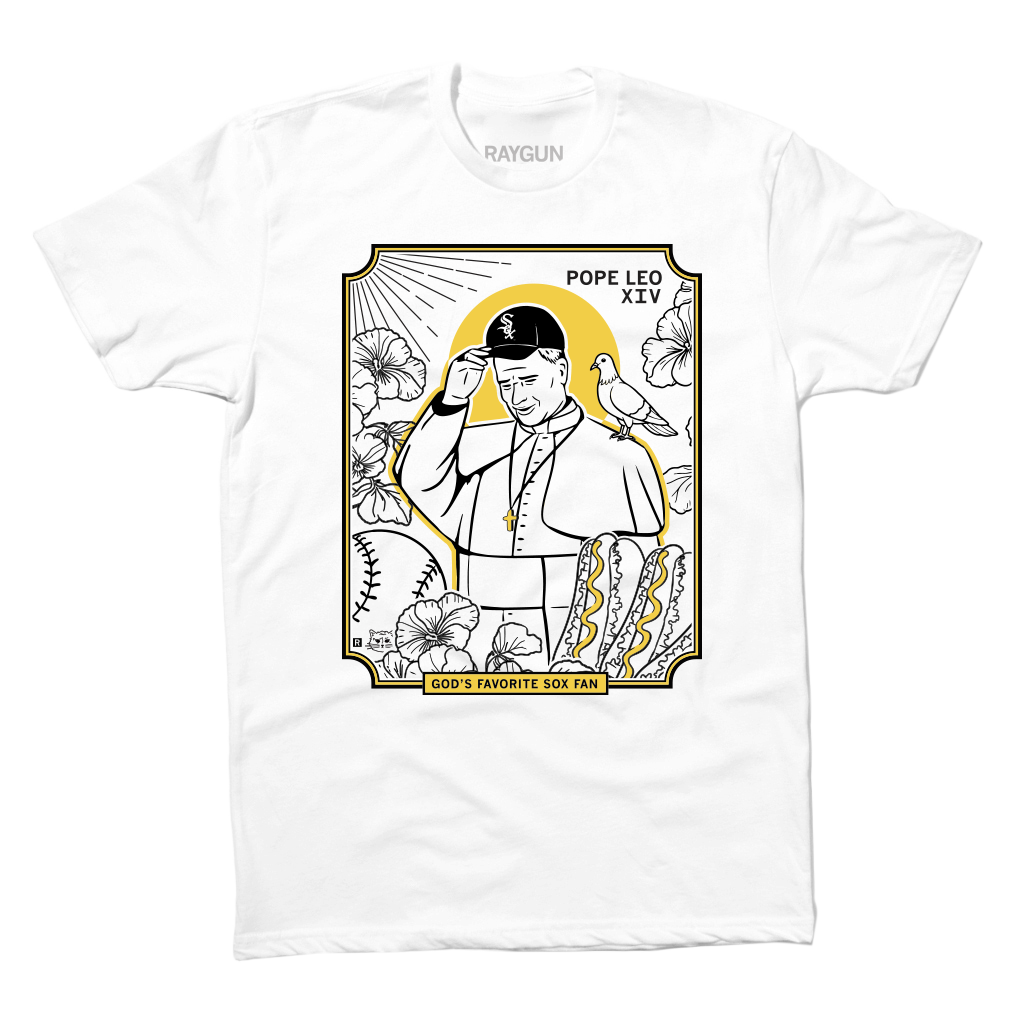 Short sleeve white t-shirt with gold and black ink depicting Pope Leo wearing a White Sox hat with a pigeon on his shoulder. He's surrounding by Chicago style hotdogs, baseballs, and flowers. Black text in the top right corner says, "POPE LEO XIV" and at the bottom reads "GOD'S FAVORITE SOX FAN."